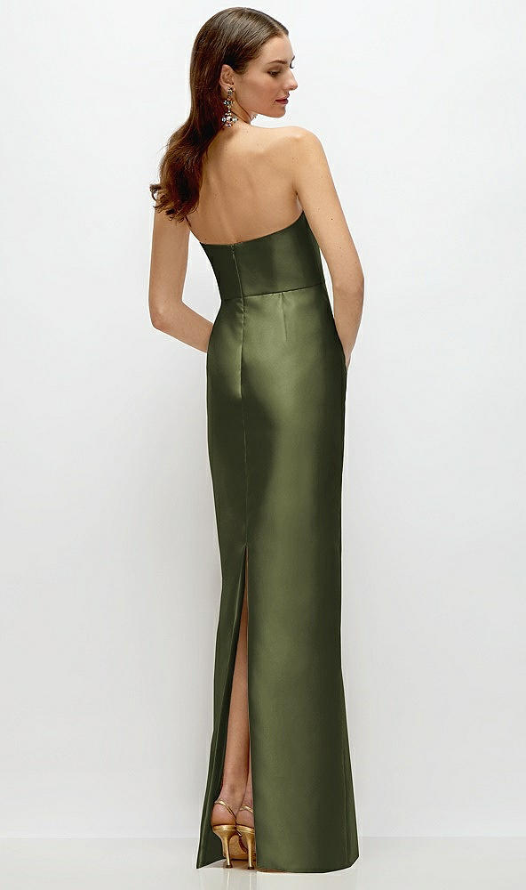 Back View - Olive Green Strapless Satin Column Dress with Back Slit