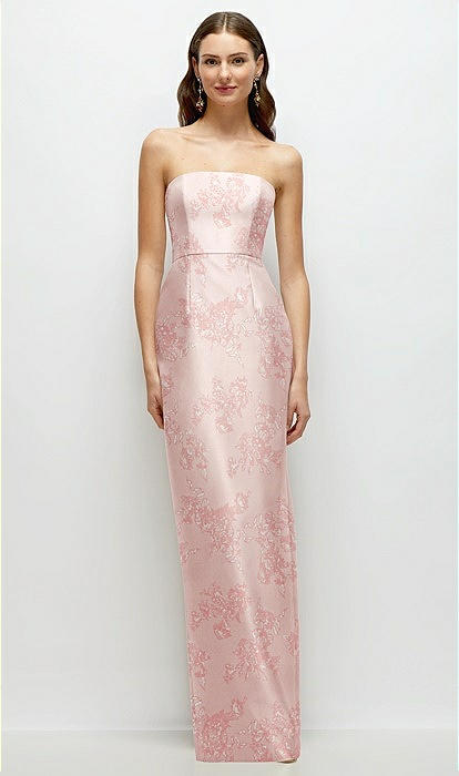 Strapless Floral Satin Column Bridesmaid Dress With Back Slit In