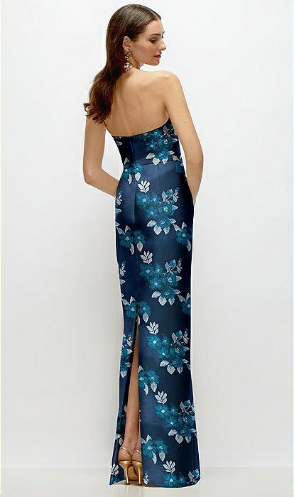 Midnight Navy Strapless Baroque Rose Damask Column Dress with Back Slit