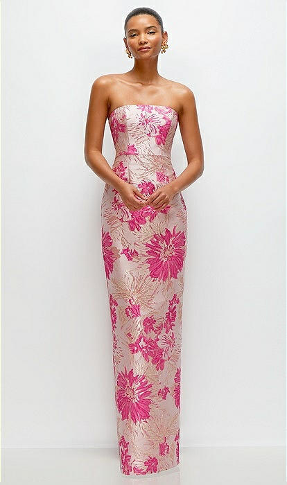 Hibiscus Pink Strapless Floral Jacquard Column Bridesmaid Dress