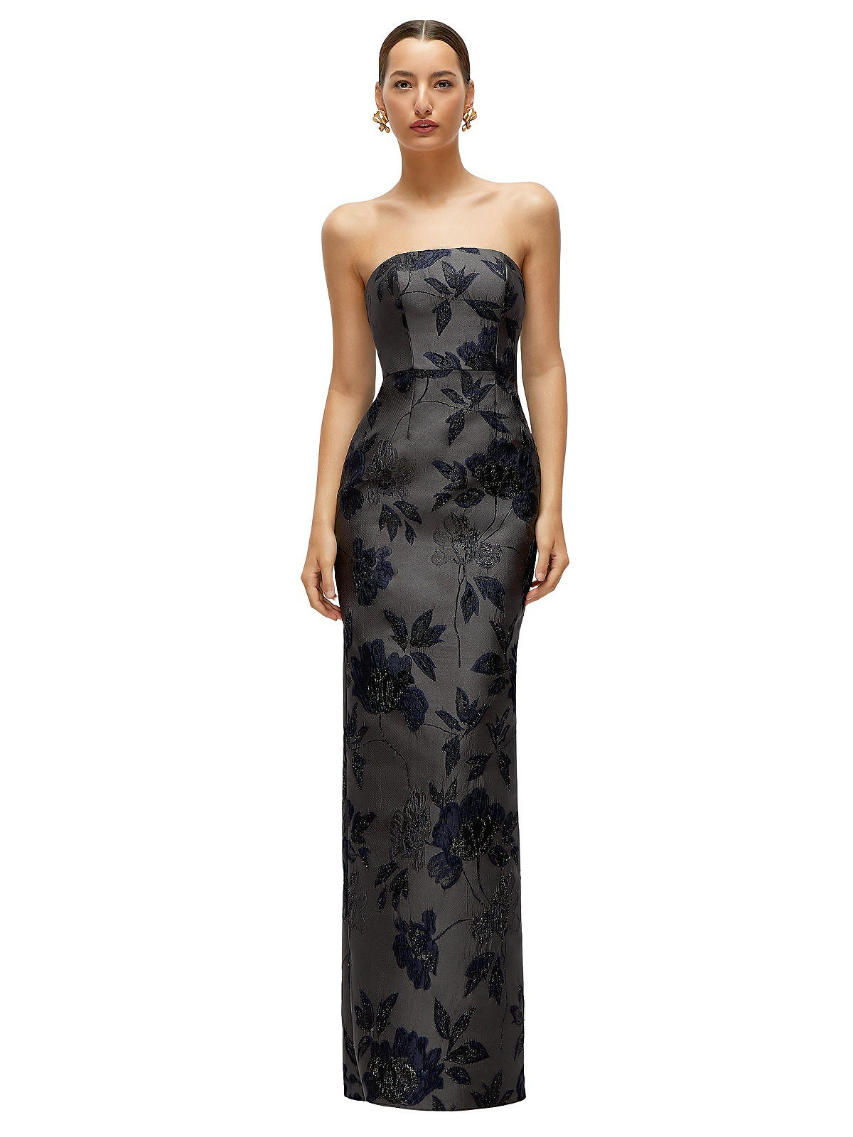 Noir Midnight Navy Strapless Floral Metallic Jacquard Column