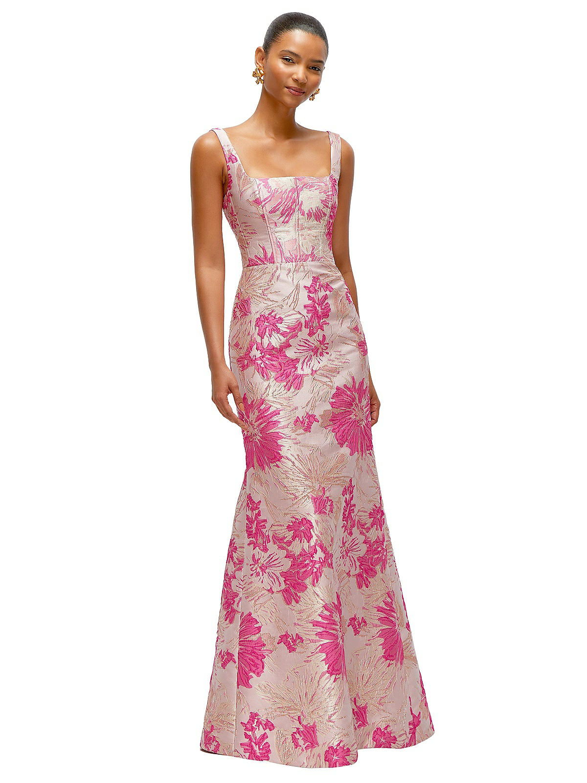 Hibiscus Pink Floral Jacquard Square Neck Maxi Bridesmaid Dress