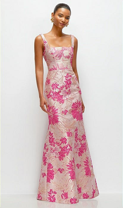 Hibiscus Pink Floral Jacquard Square Neck Maxi Bridesmaid Dress