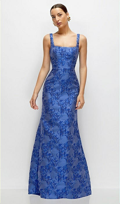 Cobalt Blue Floral Metallic Jacquard Square Neck Maxi Bridesmaid Dress With  Trumpet Skirt In Cobalt Jacquard