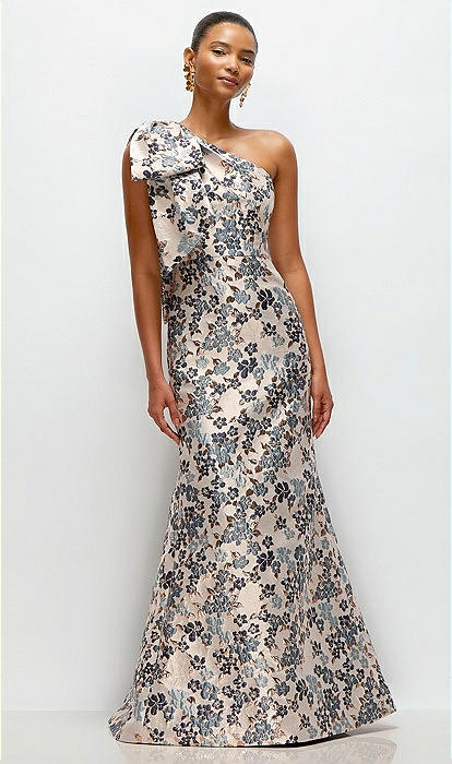 Bow One-shoulder Gilt Indigo Brocade Floral Maxi Bridesmaid Dress