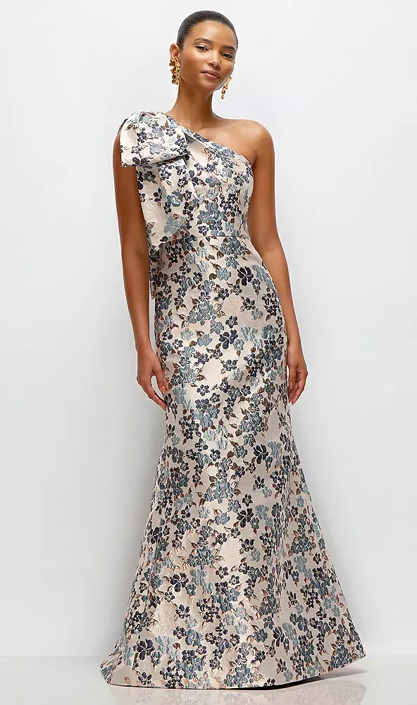 新品 akiki アキキ ribbon one shoulder blouse Bow One-shoulder Gilt Indigo Brocade Floral Maxi Bridesmaid Dress