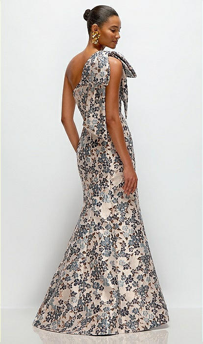 Bow One-shoulder Gilt Indigo Brocade Floral Maxi Bridesmaid Dress