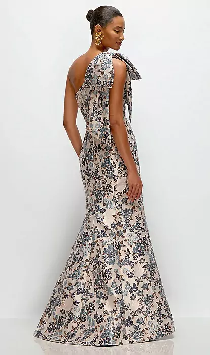 gilt maxi dresses Bow One-shoulder Gilt Indigo Brocade Floral Maxi Bridesmaid Dress With  Trumpet Skirt In Indigo Midnight