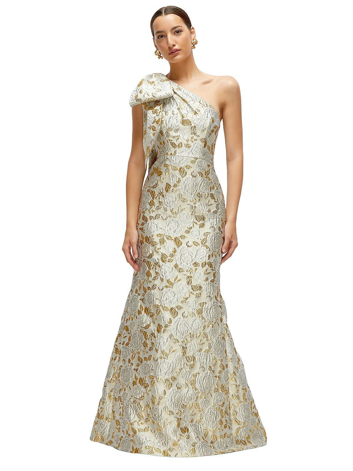 Bow One-shoulder Gold Leaf Brocade Maxi Bridesmaid Dress With