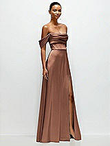Side View Thumbnail - Cognac A-Line Satin Maxi Dress with Convertible Off-the-Shoulder or Strapless Looks 