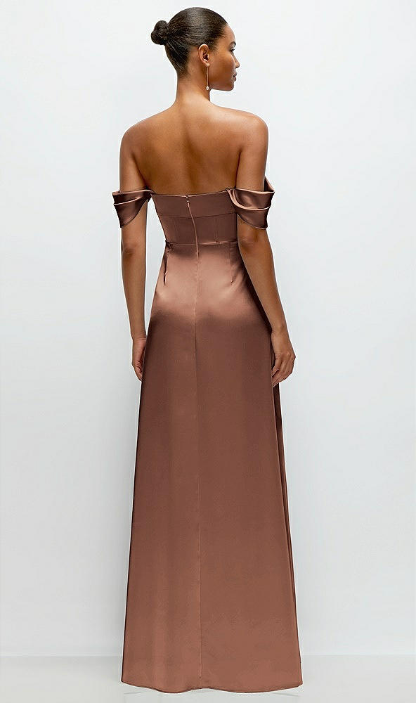Back View - Cognac A-Line Satin Maxi Dress with Convertible Off-the-Shoulder or Strapless Looks 