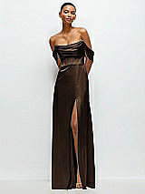 Front View Thumbnail - Espresso A-Line Satin Maxi Dress with Convertible Off-the-Shoulder or Strapless Looks 