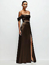 Side View Thumbnail - Espresso A-Line Satin Maxi Dress with Convertible Off-the-Shoulder or Strapless Looks 
