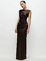 Side View Thumbnail - Espresso High Neck Sleeveless Cap Shoulder Satin Maxi Dress