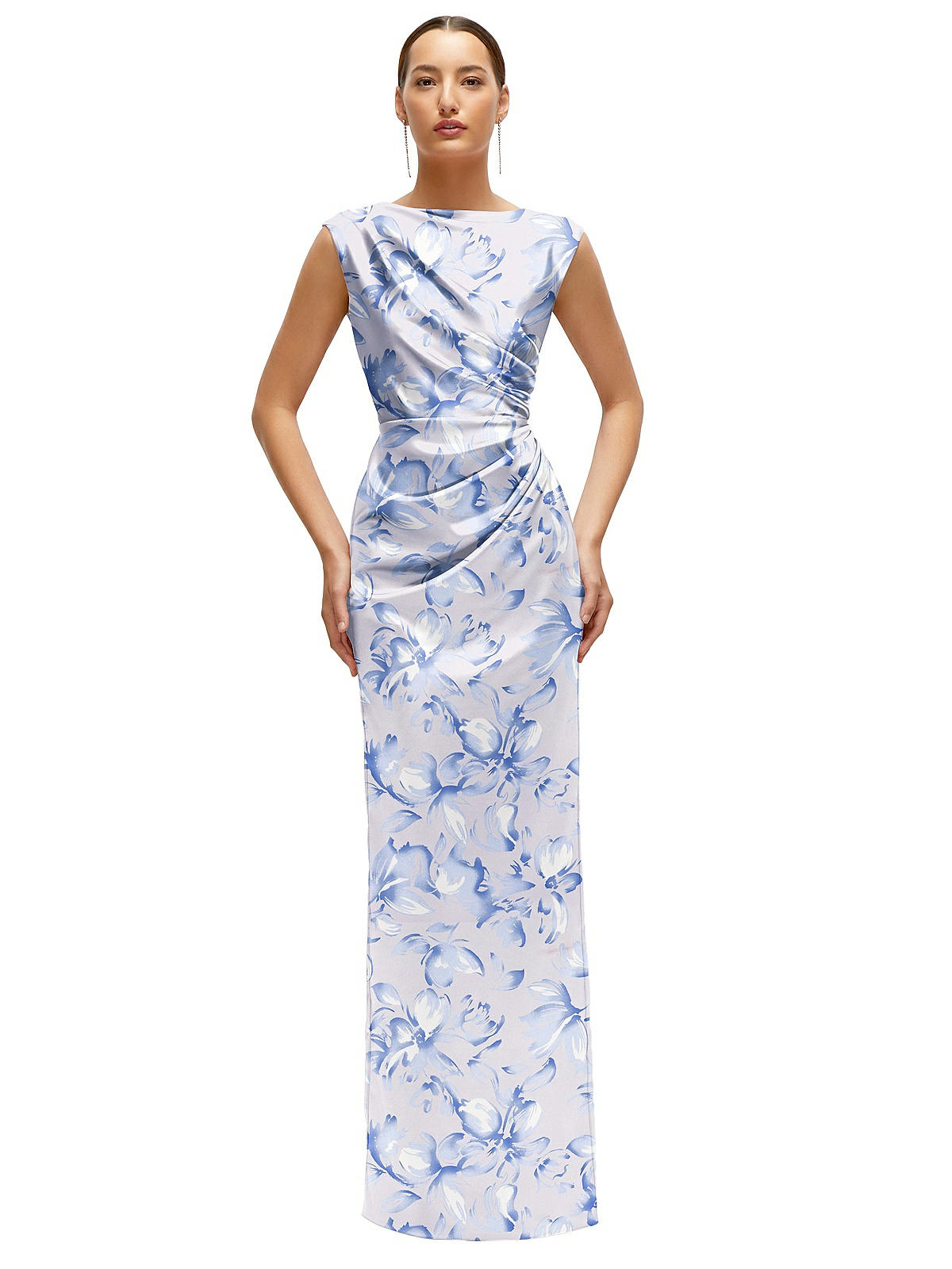 Floral High Neck Sleeveless Cap Shoulder Satin Maxi Bridesmaid Dress In  Magnolia Sky | The Dessy Group