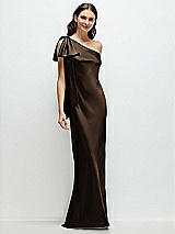 Front View Thumbnail - Espresso One-Shoulder Bias-Cut Satin Maxi Dress with Cascading Shoulder Bow