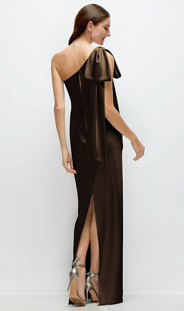 Back View - Espresso One-Shoulder Bias-Cut Satin Maxi Dress with Cascading Shoulder Bow