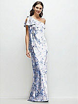 Front View Thumbnail - Magnolia Sky One-Shoulder Bias-Cut Floral Satin Maxi Dress with Cascading Shoulder Bow