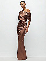 Side View Thumbnail - Cognac Asymmetrical Off-the-Shoulder Pleated Satin Maxi Dress