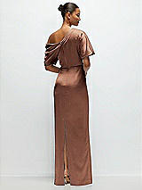 Rear View Thumbnail - Cognac Asymmetrical Off-the-Shoulder Pleated Satin Maxi Dress