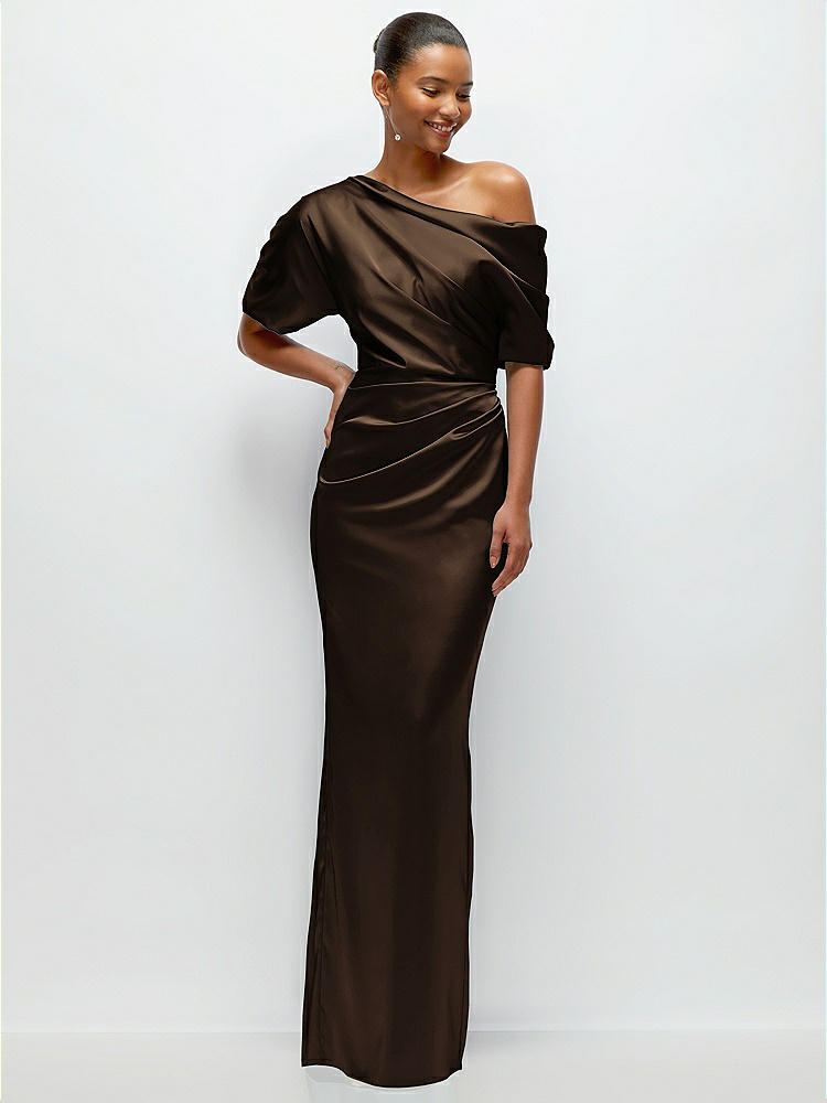 One-shoulder Cat-eye Neckline Fit And Flare Satin Maxi Bridesmaid