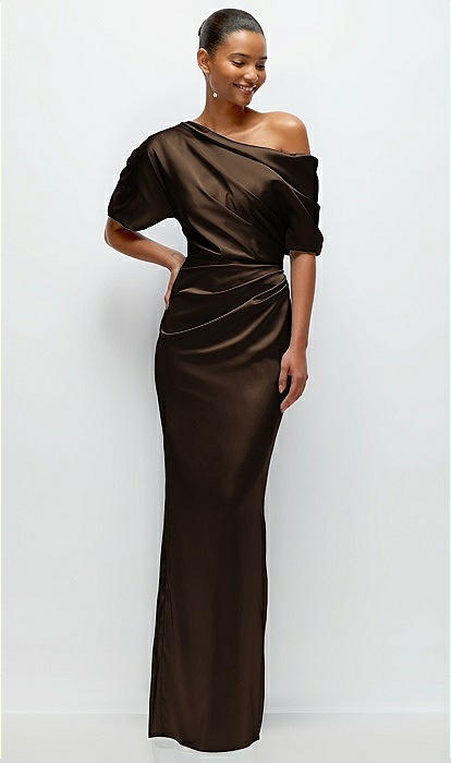Asymmetrical Off-the-shoulder Pleated Satin Maxi Bridesmaid Dress