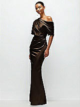 Side View Thumbnail - Espresso Asymmetrical Off-the-Shoulder Pleated Satin Maxi Dress