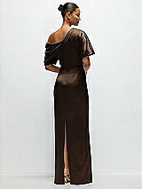 Rear View Thumbnail - Espresso Asymmetrical Off-the-Shoulder Pleated Satin Maxi Dress