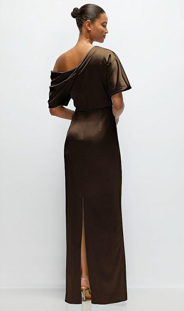 Back View - Espresso Asymmetrical Off-the-Shoulder Pleated Satin Maxi Dress