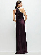 Alt View 1 Thumbnail - Deep Plum Pleated Halter Bias Satin Maxi Dress with Self-Tie Bow Back