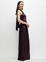Side View Thumbnail - Deep Plum Pleated Halter Bias Satin Maxi Dress with Self-Tie Bow Back