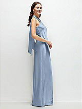 Side View Thumbnail - Cloudy Pleated Halter Bias Satin Maxi Dress with Self-Tie Bow Back