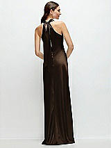 Alt View 1 Thumbnail - Espresso Pleated Halter Bias Satin Maxi Dress with Self-Tie Bow Back