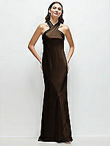 Front View Thumbnail - Espresso Pleated Halter Bias Satin Maxi Dress with Self-Tie Bow Back
