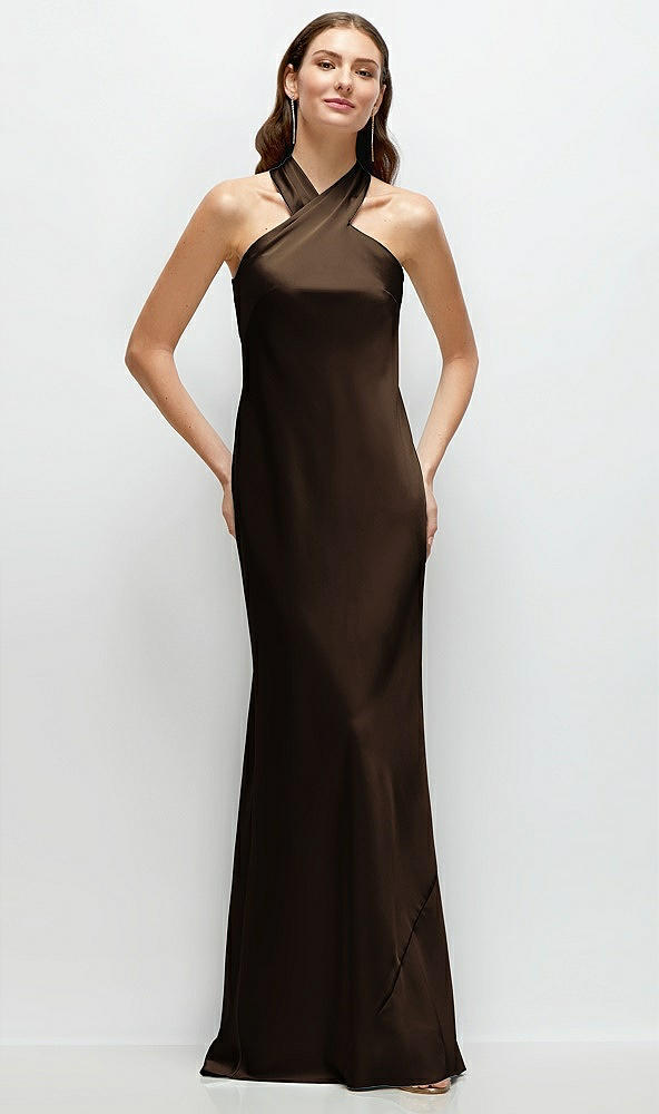 Front View - Espresso Pleated Halter Bias Satin Maxi Dress with Self-Tie Bow Back