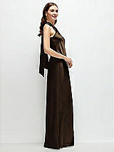 Side View Thumbnail - Espresso Pleated Halter Bias Satin Maxi Dress with Self-Tie Bow Back