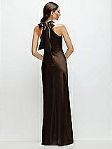 Rear View Thumbnail - Espresso Pleated Halter Bias Satin Maxi Dress with Self-Tie Bow Back
