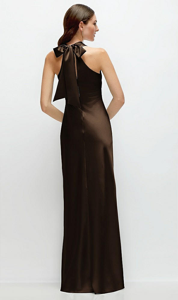 Back View - Espresso Pleated Halter Bias Satin Maxi Dress with Self-Tie Bow Back