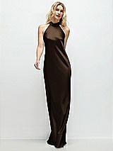 Front View Thumbnail - Espresso Stand Collar Bias Satin Maxi Dress with Self-Tie Bow Back