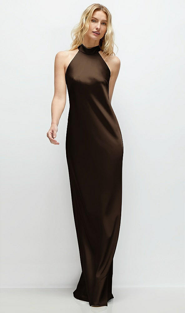 Front View - Espresso Stand Collar Bias Satin Maxi Dress with Self-Tie Bow Back