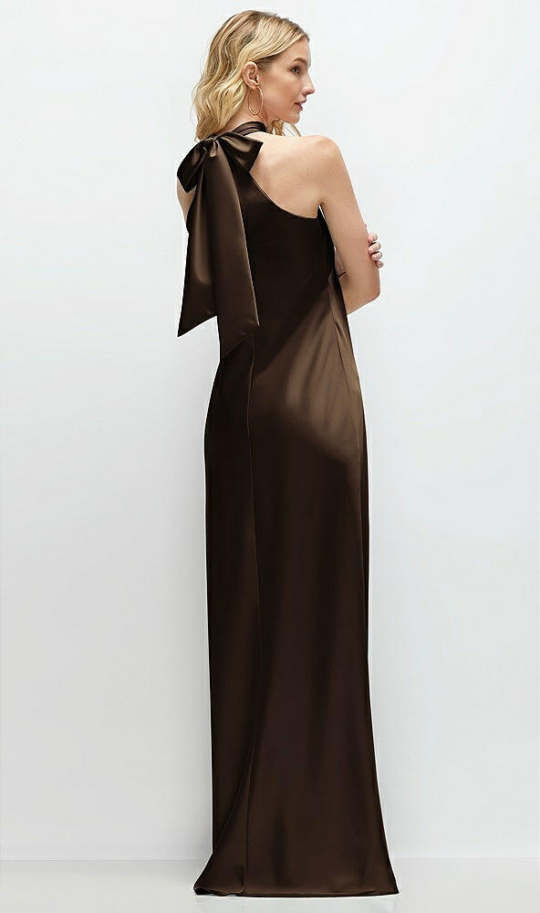 Back View - Espresso Stand Collar Bias Satin Maxi Dress with Self-Tie Bow Back
