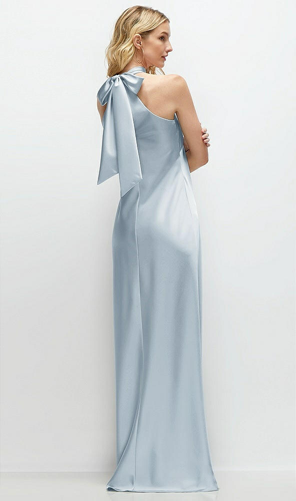 Back View - Mist Stand Collar Bias Satin Maxi Dress with Self-Tie Bow Back