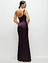 Rear View Thumbnail - Deep Plum One-Shoulder Cat-Eye Neckline Fit and Flare Satin Maxi Dress