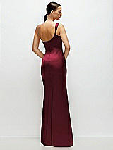 Rear View Thumbnail - Cabernet One-Shoulder Cat-Eye Neckline Fit and Flare Satin Maxi Dress