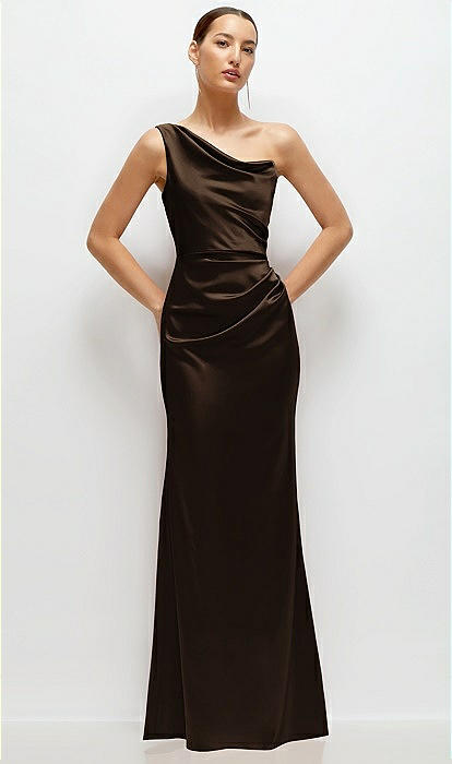 one-shoulder fitted bridesmaid dresses One-shoulder Cat-eye Neckline Fit And Flare Satin Maxi Bridesmaid Dress In Espresso