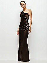 Side View Thumbnail - Espresso One-Shoulder Cat-Eye Neckline Fit and Flare Satin Maxi Dress