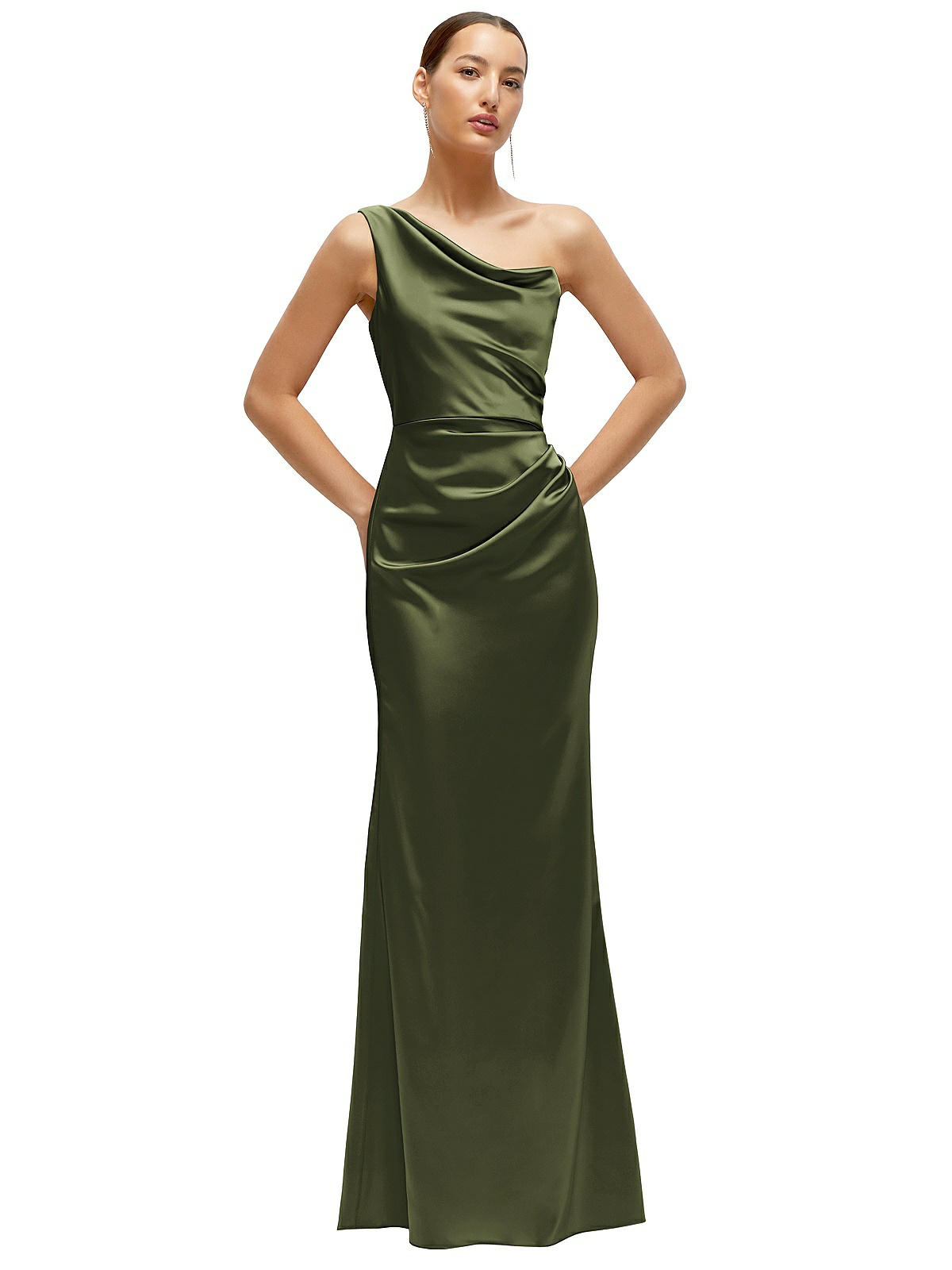 One-Shoulder Cat-Eye Neckline Fit and Flare Satin Maxi Dress