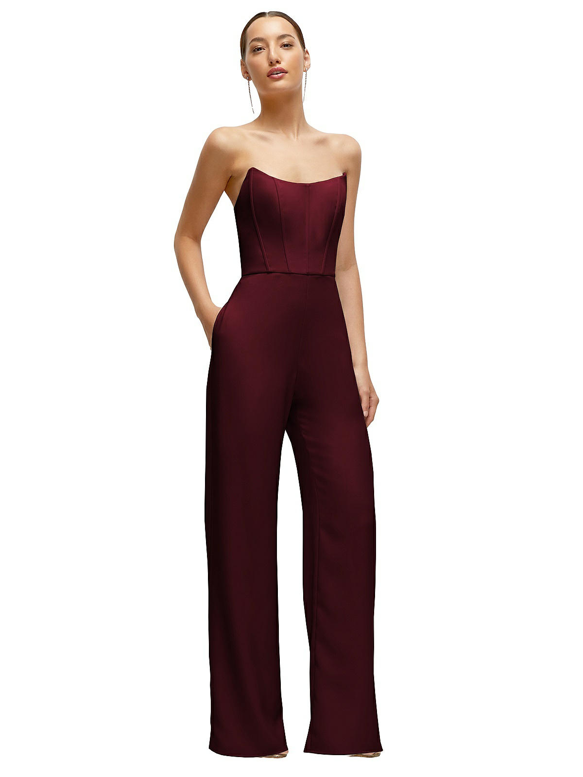 Strapless Cat-eye Corset Crepe Wedding Jumpsuit In Cabernet | The Dessy  Group