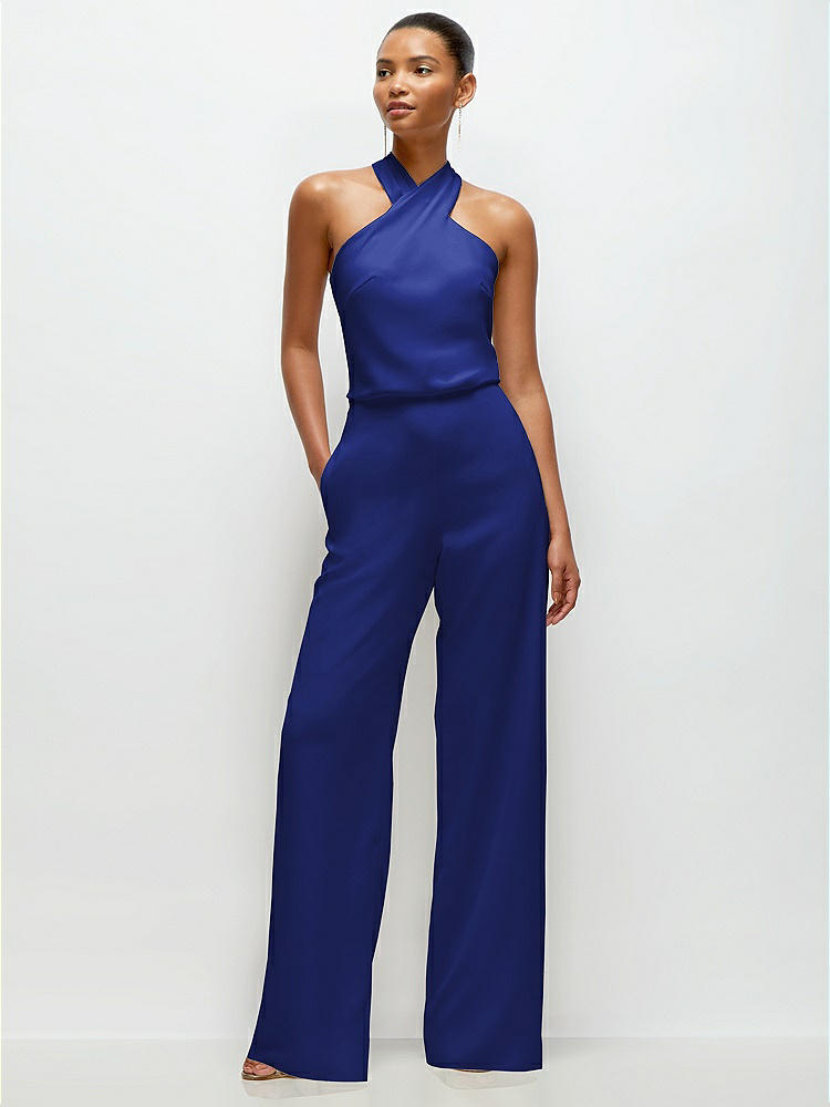 High-neck Open-back Jumpsuit With Scarf Tie In Midnight Navy
