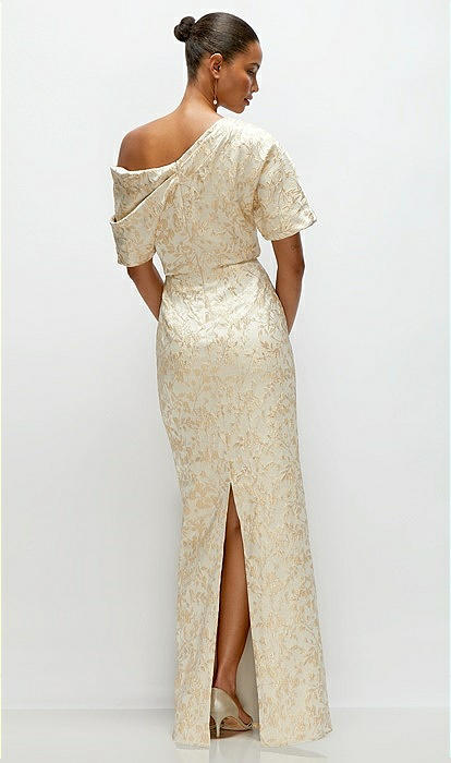 Asymmetrical Off-the-shoulder Champagne Filigree Brocade Maxi Bridesmaid  Dress In Champagne Filigree | The Dessy Group